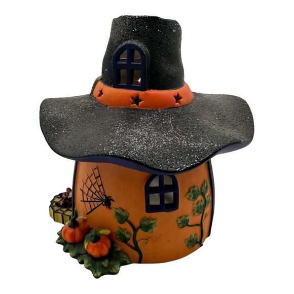 Party Lite Ceramic Pumpkin Witch House‎ Halloween Tea Light Holder P8607 W/Stars - Picture 3 of 7